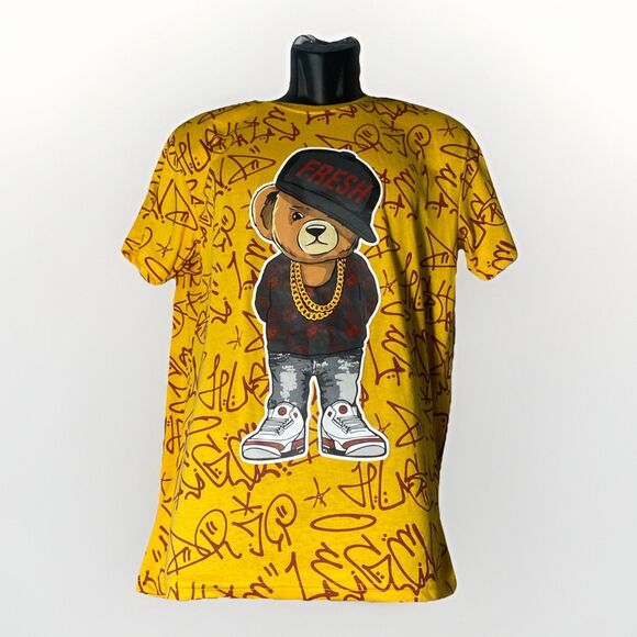 Socwatees T-Shirt M Geek‎ Chained Bear All over Graphic Tee Hustle Short Sleeve - Picture 1 of 5